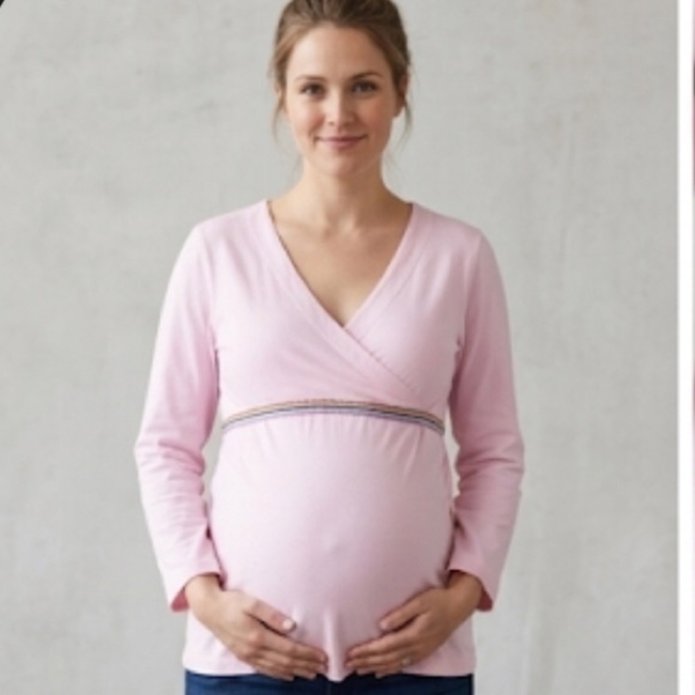 Light Pink Wrap-Front Long Sleeve Top with Contrast Waist Trim